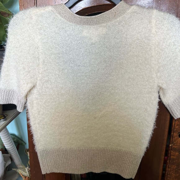 Decree JUNIORS Fuzzy Eyelash Cardigan Sweater - Petite Fit -Cream, Gold Metallic - Picture 6 of 6